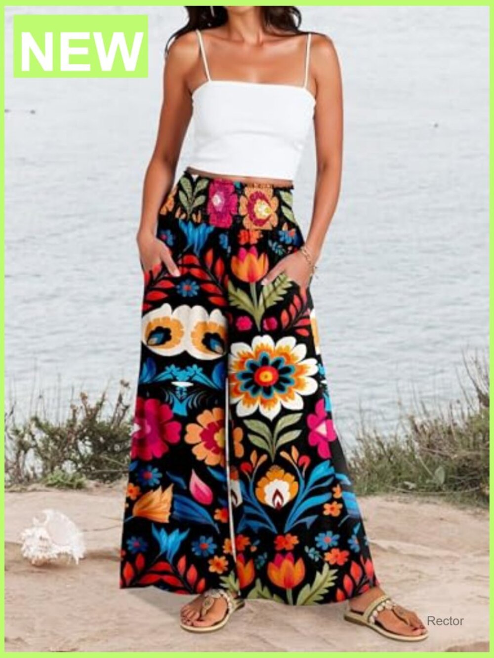 Wide Leg Palazzo Pants High Waisted Elastic Smocked Waist Flowy Casual with - Picture 4 of 7